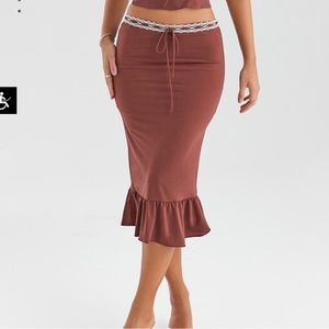 Mistress Rocks Coffee Ruffle Midi Skirt
